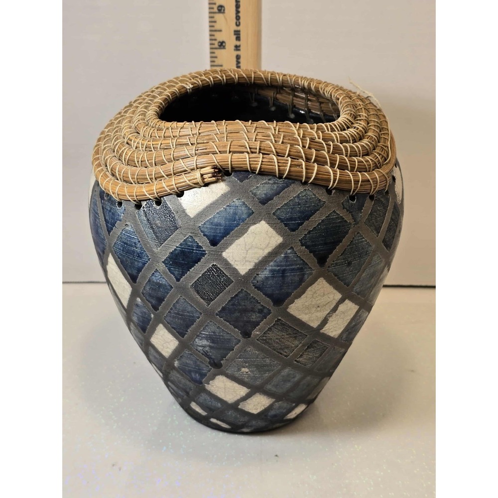 Joyce Shuman Raku Vase Blue‎ & White Signed w/ Pine-Needle Rim Studio Pottery